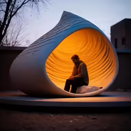 the man sits in a unusual design sitting on a platform