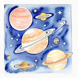 a painting with planets and stars on it,watercolor sketch of the solar system with many planets around