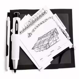 a tabletop with drawings, pen and paper cutter