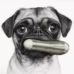 a dog that is holding a sausage in his mouth