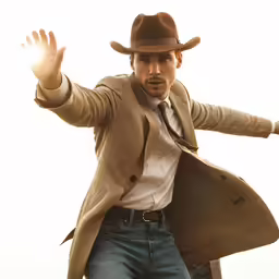 a man in a cowboy hat and jacket holding his arm out
