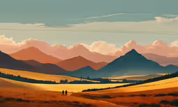a colorful landscape of mountains and trees, with a man walking on the trail,some mountains a road and clouds and trees