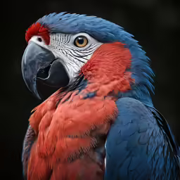 colorful red and blue macaw on black background