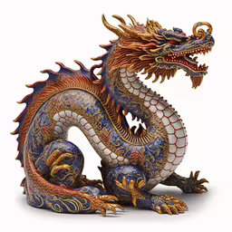 a colorfully decorated dragon statue in profile,a blue and gold dragon sculpture is shown