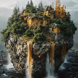 a house sitting on a piece of land in the middle of water