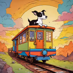a cartoon style dog is riding on top of a colorful train,an animated drawing of a dog sitting on a train
