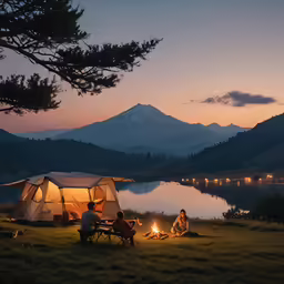 the people are camping in a tent with the light on