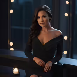 a beautiful woman in black posing with candle