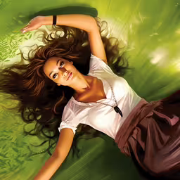 a painting of a beautiful woman laying on the grass,a beautiful young woman laying on the ground