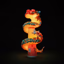 a large lit sculpture of a red fire hydrant