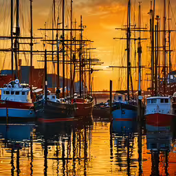many boats are anchored near the shore at sunset,several different boats docked in the water