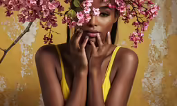 an attractive african american woman with blossoms on her head