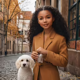 a woman wearing an orange blazer and holding a cup stands near a white dog