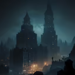 foggy night scene with dark buildings and street lights