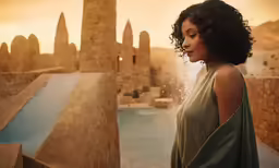 a young woman standing next to a pool