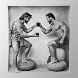 two men stand on either side of a rock and hold glasses together