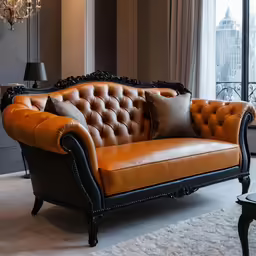 there is an orange and brown leather couch