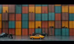 yellow toy car with two small black cars and a colorful building