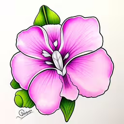 drawing a purple flower with green leaves on white paper,a flower with green leaves on it
