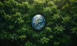 a blue earth sitting on top of some green leaves