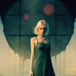 a woman in a green dress stands with her hand in her pockets
