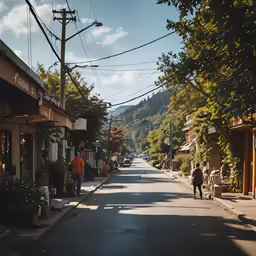 two people walking down the side walk near a street with lots of trees