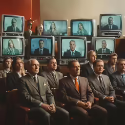 many men in suits sitting with tvs displaying news