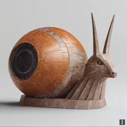 a sculpture of a large wooden object with horns and eyes