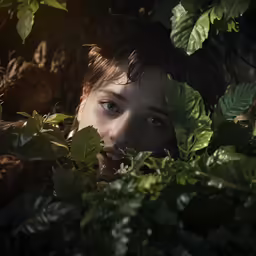 a girl peeking out from her face among the greenery