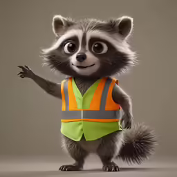 a raccoon wearing an orange safety vest with a construction hat