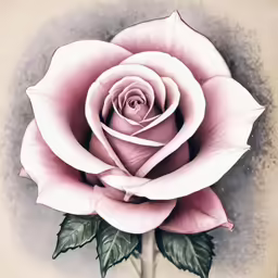 drawing of a pink rose with green leaves
