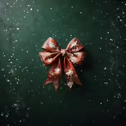 a red bow laying on top of snow on a green surface