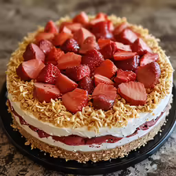 a cake with many strawberries sitting on top