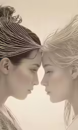 two women standing side by side each wearing hair in the wind
