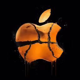 the cracked and scratched apple logo is shown