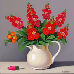 /tmp/FOO7sGmd8.jpg = an oil painting of flowers in a white pitcher
,/tmp/FOO7sGmd8.jpg = a painting of a pitcher of flowers with leaves
,/tmp/FOO7sGmd8.jpg = a painting of a pitcher with red flowers
,/tmp/FOO7sGmd8.jpg = a painting of red flowers and leaves in a white vase
,/tmp/FOO7sGmd8.jpg = red flowers in a white vase with green leaves and pink flower buds
,/tmp/FOO7sGmd8.jpg = a painting of red flowers in a white pitcher
,/tmp/FOO7sGmd8.jpg = a painting of a flower arrangement in a vase
