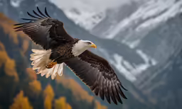the eagle is flying in the mountains with his wings extended
