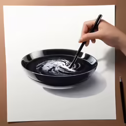 a person with a pen is sitting in a bowl