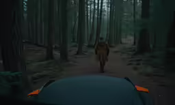 a person walking into a forest next to a tent