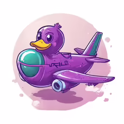 a purple duck sitting on top of a small plane