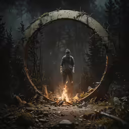 a man stands in front of a fire ring