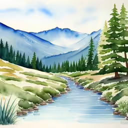 a painting of a mountain stream in the snow,a landscape with a stream and pine trees,an image of the beautiful water that runs through the forest,a painting of mountains, trees, and a stream,a river surrounded by grass, trees and snow covered mountains