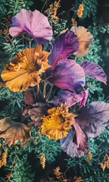 a bunch of flowers are in front of the bushes