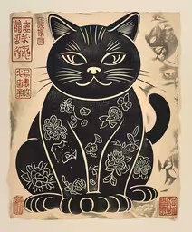 black and white image of a cat in japanese,a painting with an oriental cat in it