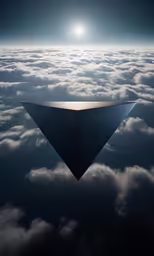 a dark triangle flying over a bunch of clouds