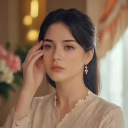 the woman is wearing earrings with pearls on them