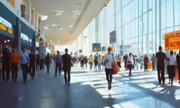 people are walking along the hallway of an airport