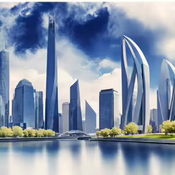 a very large group of buildings along a city with a body of water