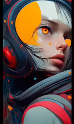 a woman with orange eyes wearing headphones