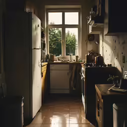 a narrow kitchen with no one in it